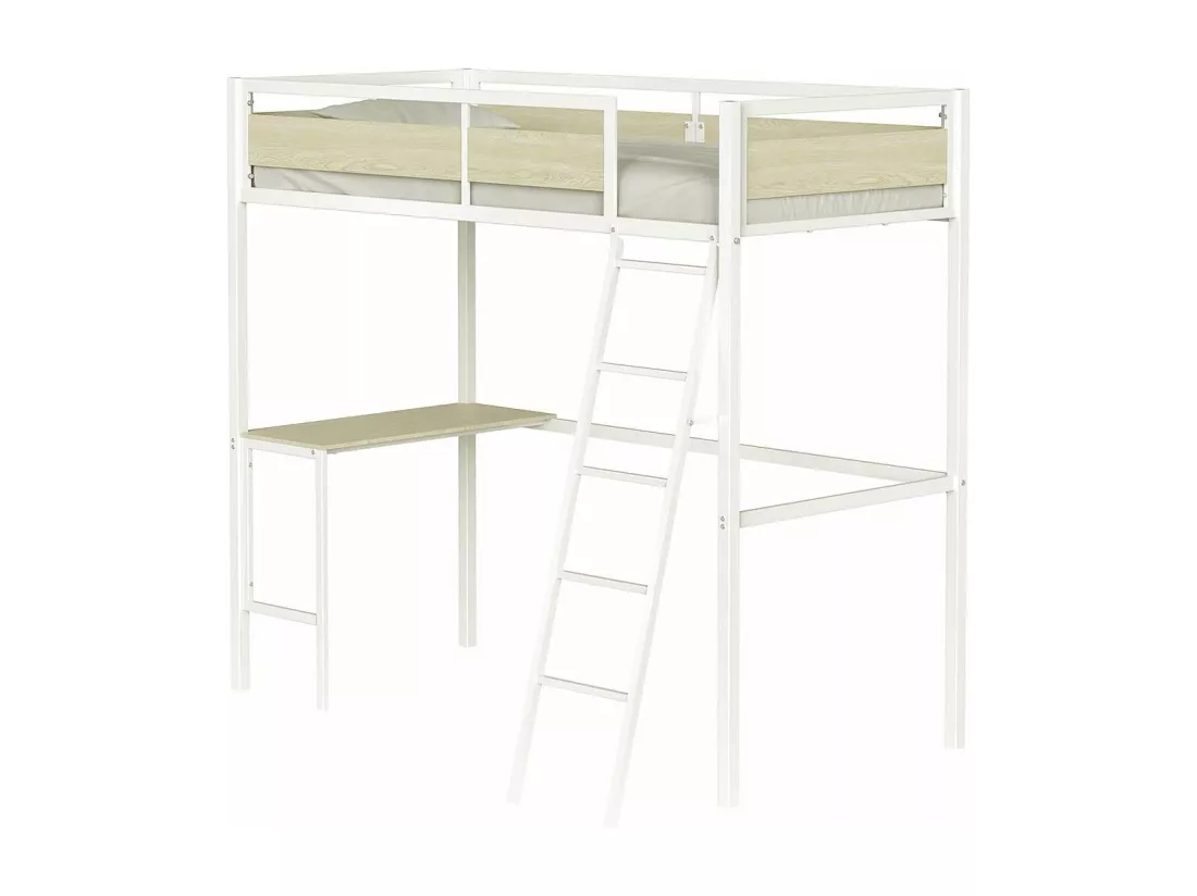 Lit mezzanine avec sommier et bureau en métal finition epoxy blanche et mélamine imitation chêne - couchage 90 x 190 cm - DINO