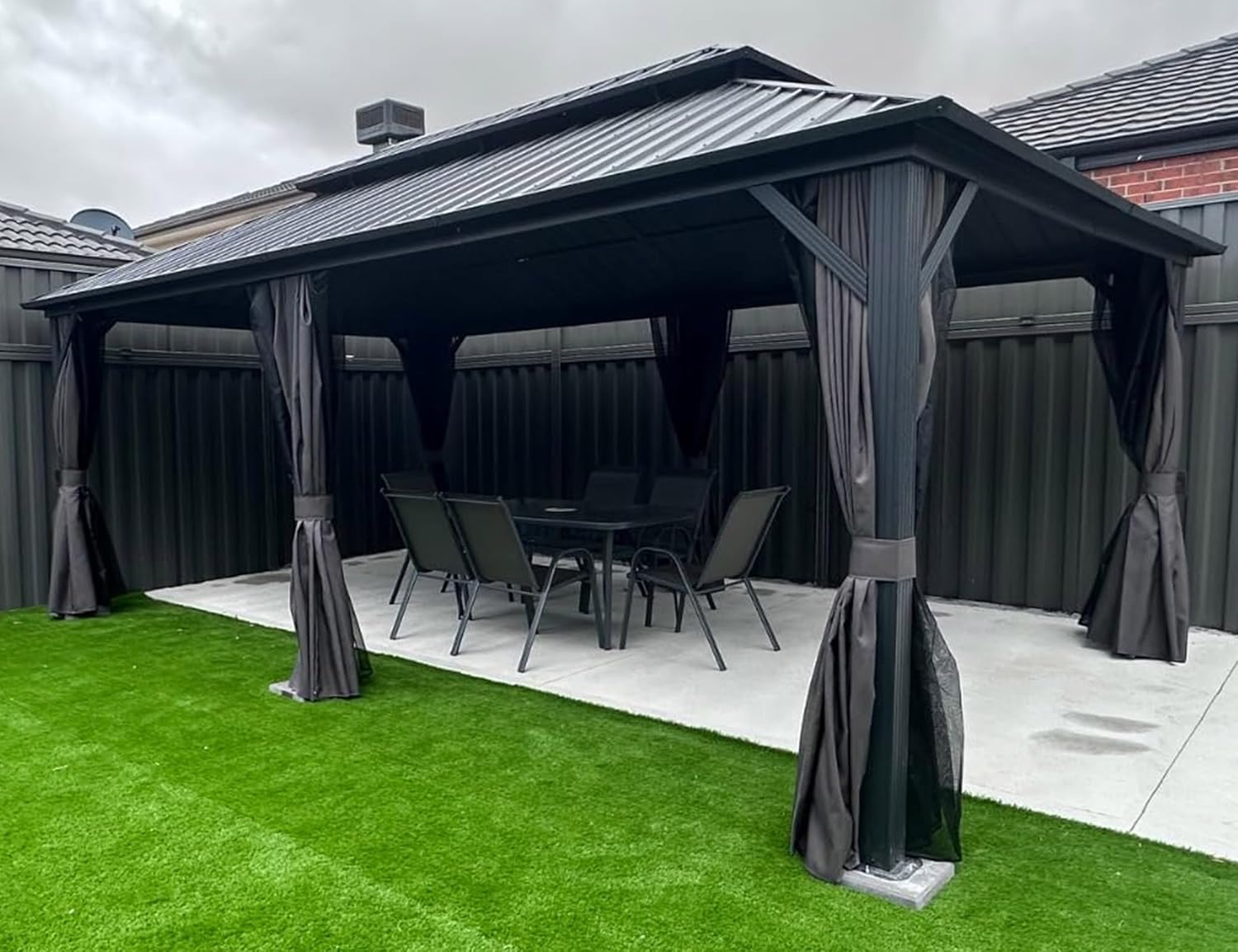 PURPLE LEAF Alu Pavillon 3.65 x 5.45 m Festem Dach, Basisch Gartenpavillon Wasserdicht Stabil Winterfest Hardtop Pavillon mit Moskitonetz und Vorhänge für Partyzelt, Grau