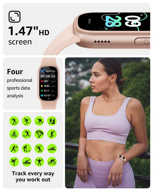 Smartwatch med pulsmåler, blodtryksmåler, søvnmonitor, skridttæller Rose guld