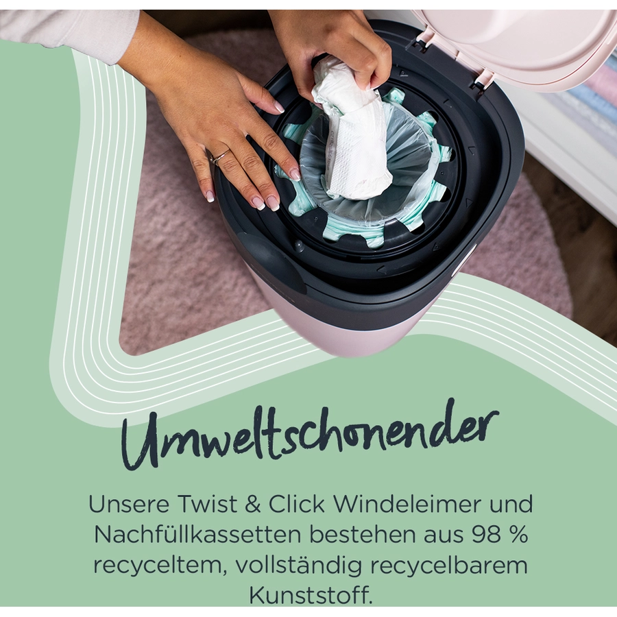 Tommee Tippee Twist & Click Advanced  Windeleimer, inkl. 4 Kassetten mit nachhaltig gewonnenem, antibakteriellem Greenfilm in rosa