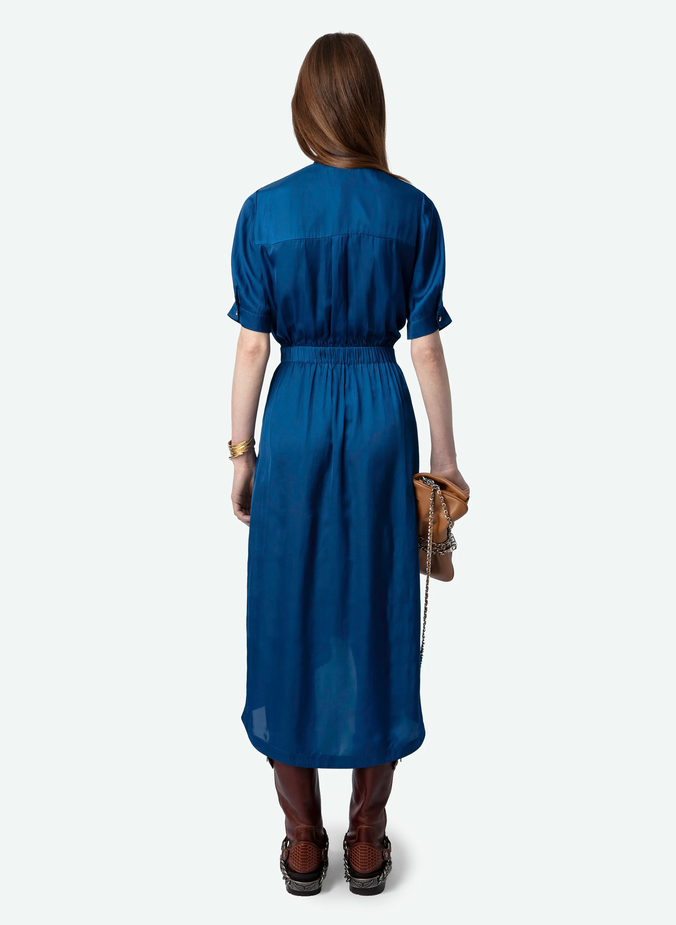 RIMA - Robe longue droite col en fibres recyclées mélangées | Bleu