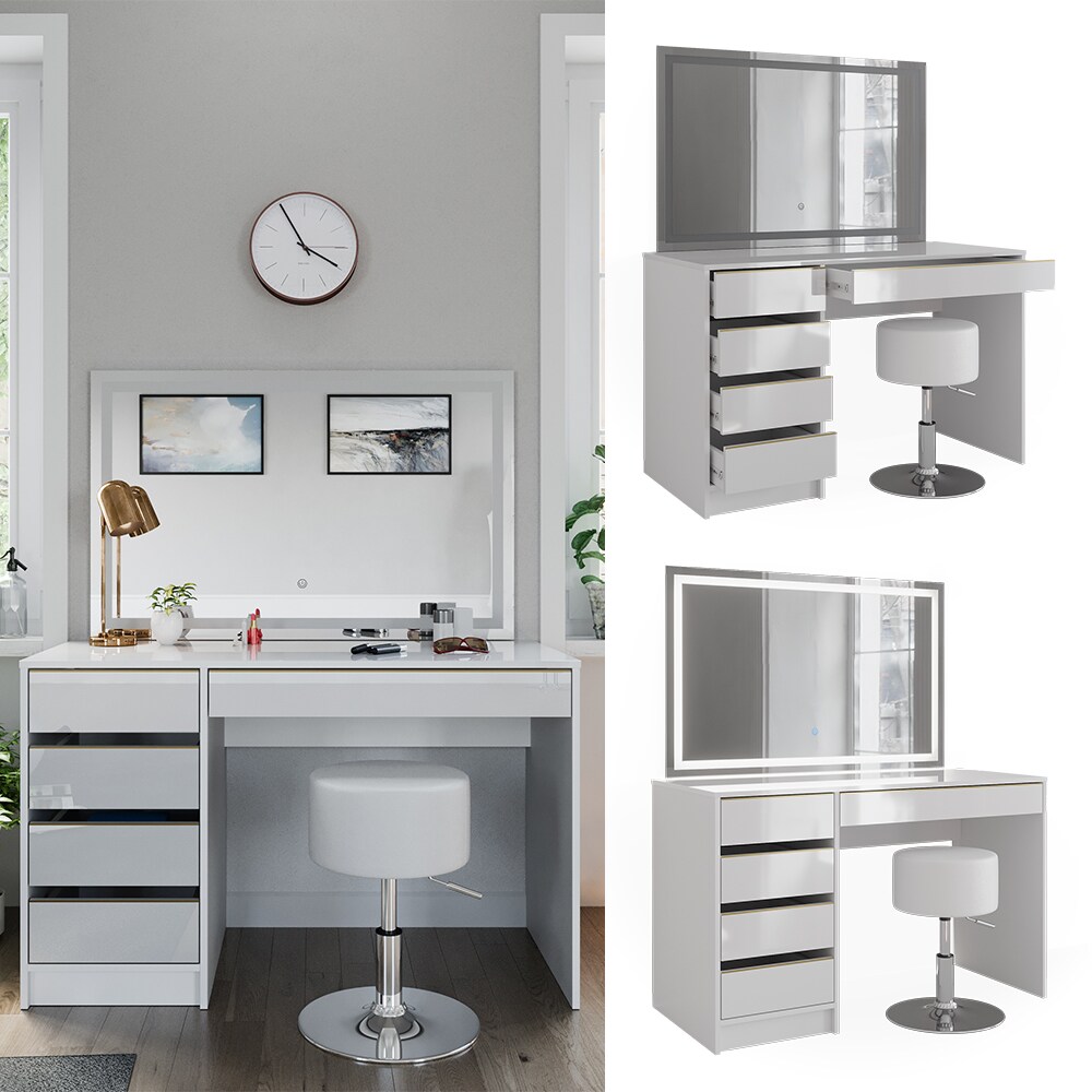 Vicco Schminktisch Sherry Weiß Hochglanz Gold 120 x 75 cm 5 Schubladen LED-Spiegel Hocker