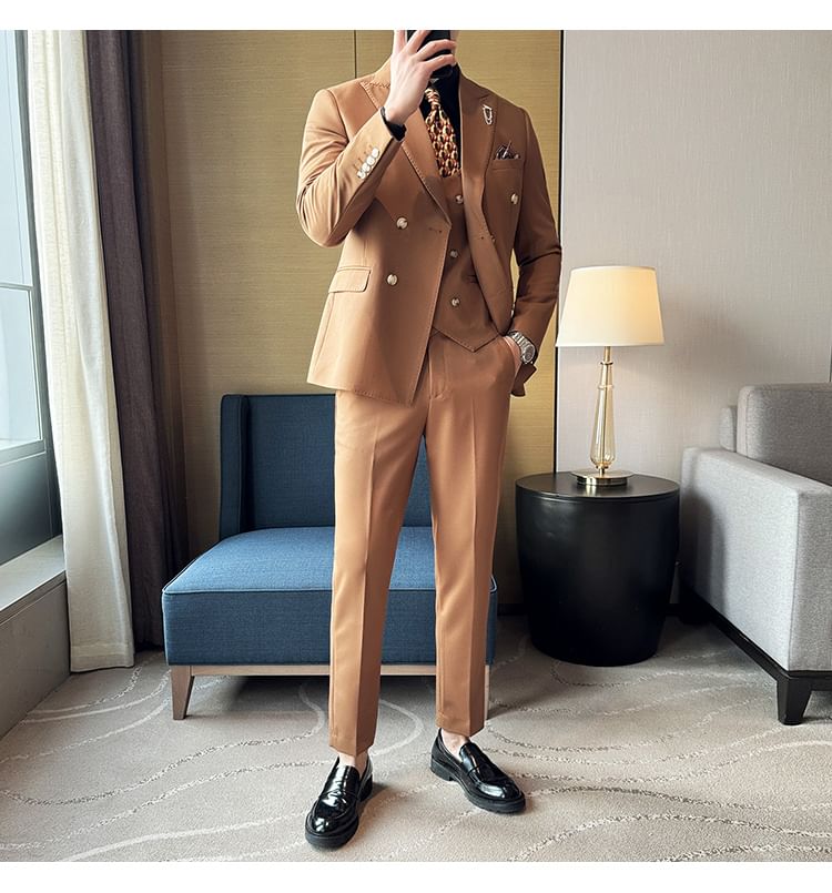 Blueforce - Set: Blazer met dubbele rij knopen en hoge revers + vest + rechte broek met hoge taille