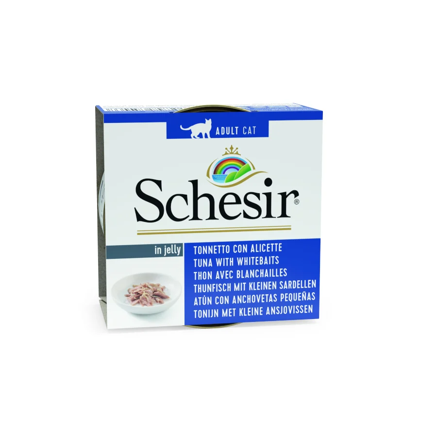 Atum Schesir Adulto com Anchovas em lata, 85g, para gatos.