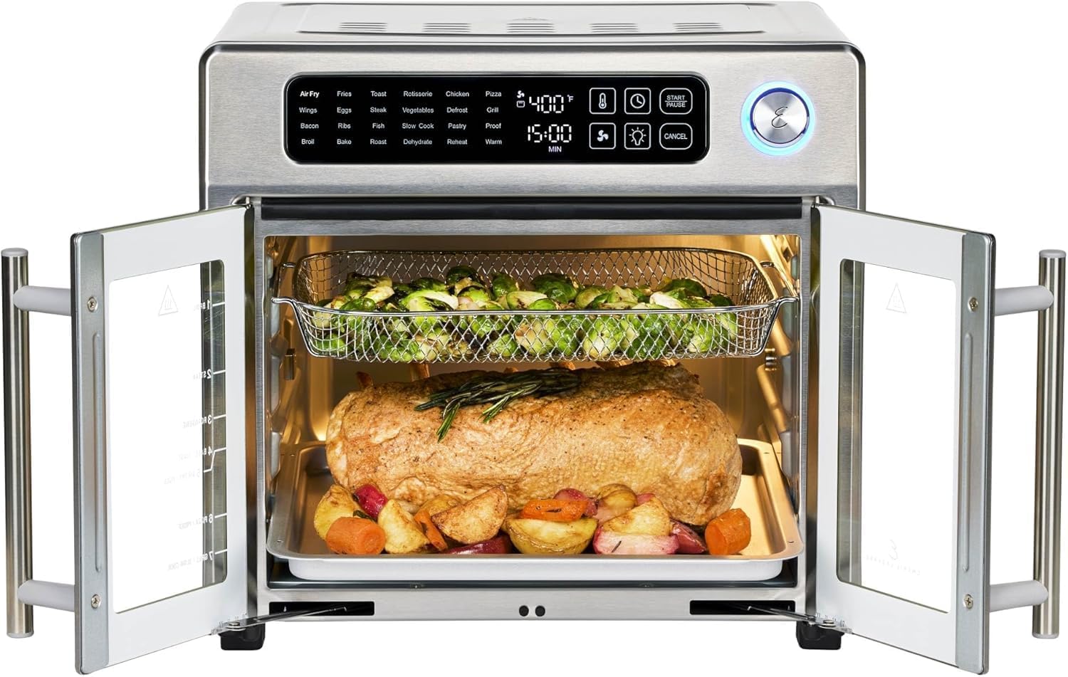 Emeril Lagasse Friteuse à air comprimé extra large, 24 fonctions de cuisson et commandes numériques, 7 accessoires inclus, finition en acier inoxydable, capacité de 26 l