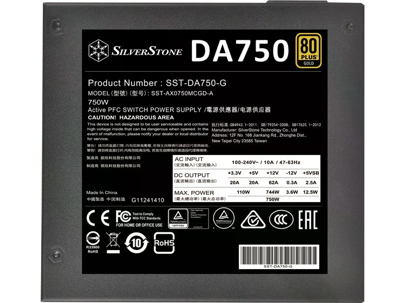 SilverStone Netzteil DA750 Gold 750 W Vollständig modulares ATX-Netzteil mit 120-mm-FDB-Lüfter