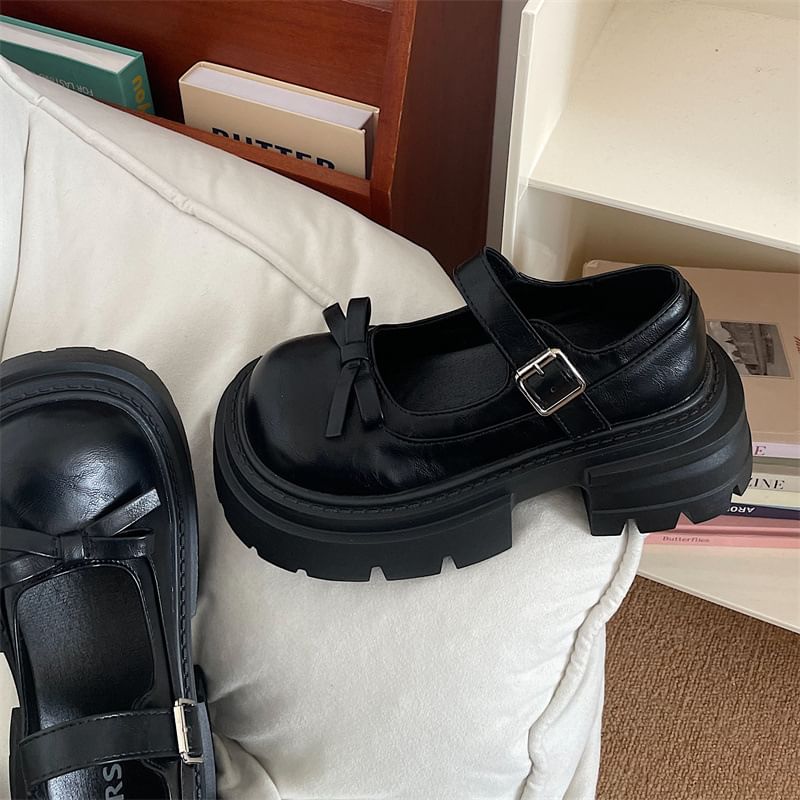 telijimi - Platform Mary Jane-schoenen met strikaccent en imitatieleer