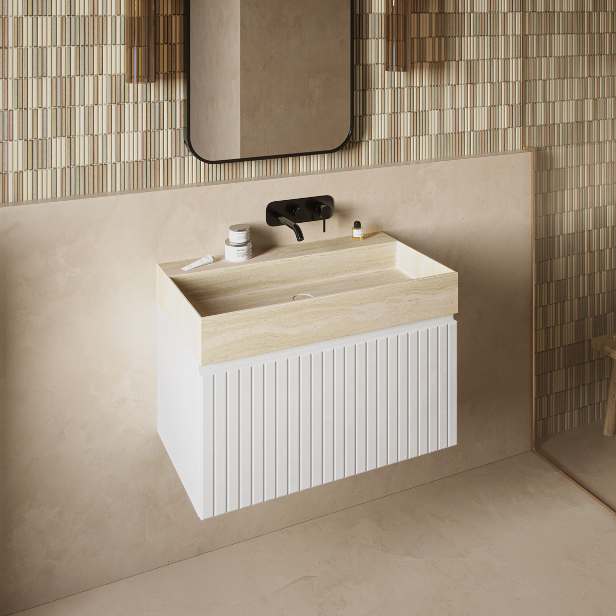 Fontana White Travertin badmeubel 80cm mat wit met ribbelfront zonder kraangat