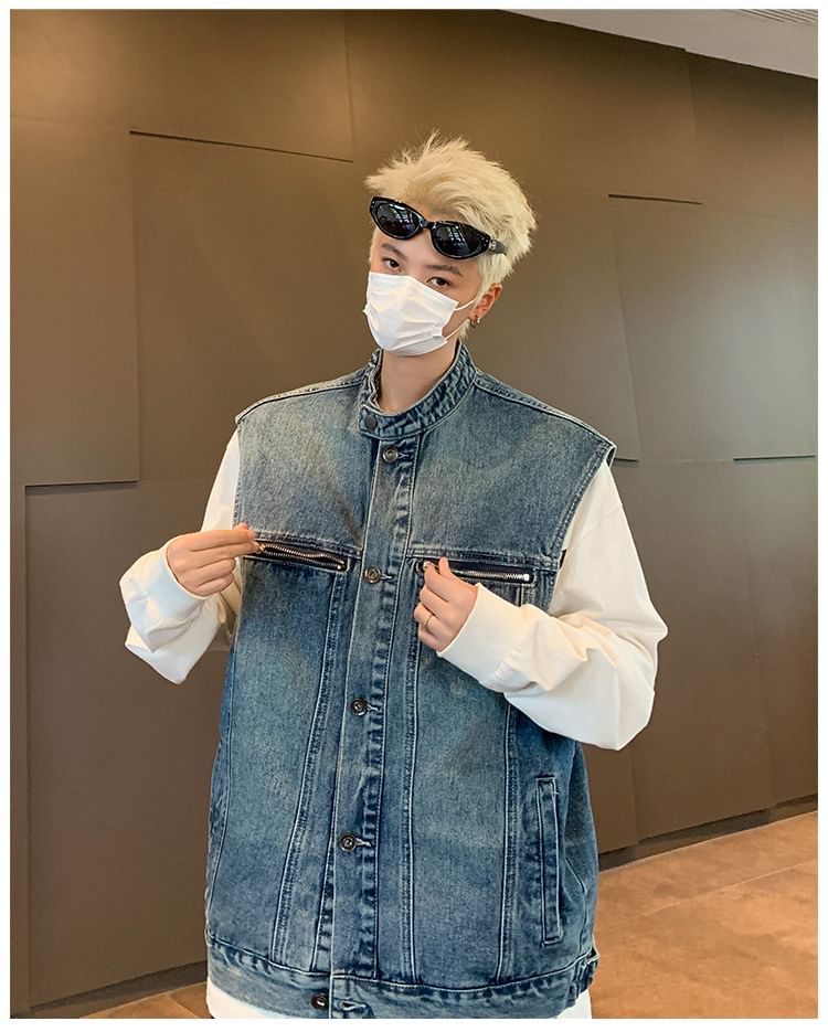 Hushgrain - Denim vest met opstaande kraag en knoopjes