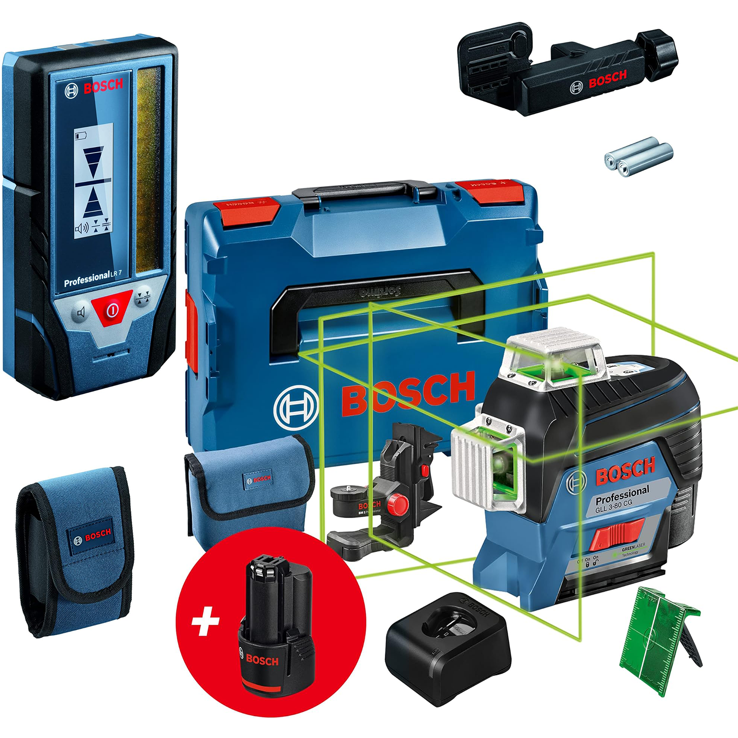 Professional 12V System Lignes GLL 3-80 CG  Cellule de Rception LR 7 (Faisceau Rouge et Vert, 2 Piles 1,5 V AAA, Porte : 5-50 m, Housse de Protection)