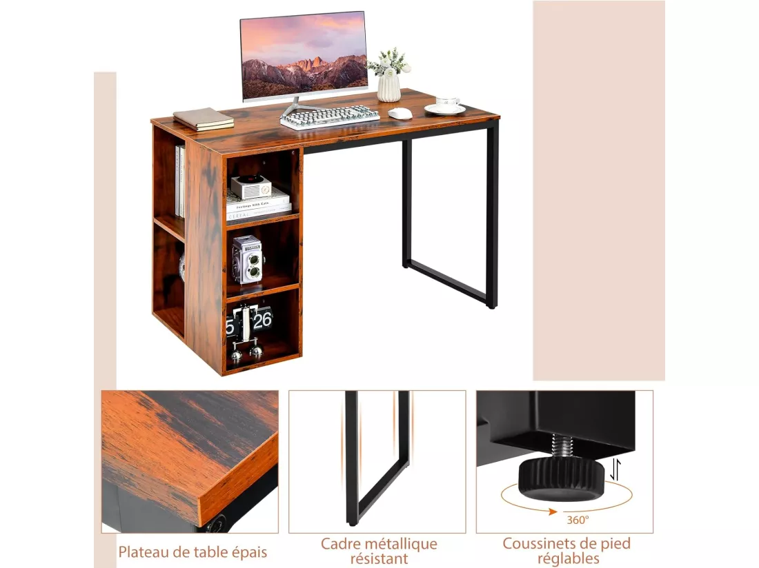 Bureau d'Ordinateur avec Bibliothèque, Bureau Informatique avec 5 Compartiments, Cadre en Métal, Table d'Ordinateur pour Bureau, Chambre, Studio, 115 x 59,5 x 75 cm (Marron Rustique)