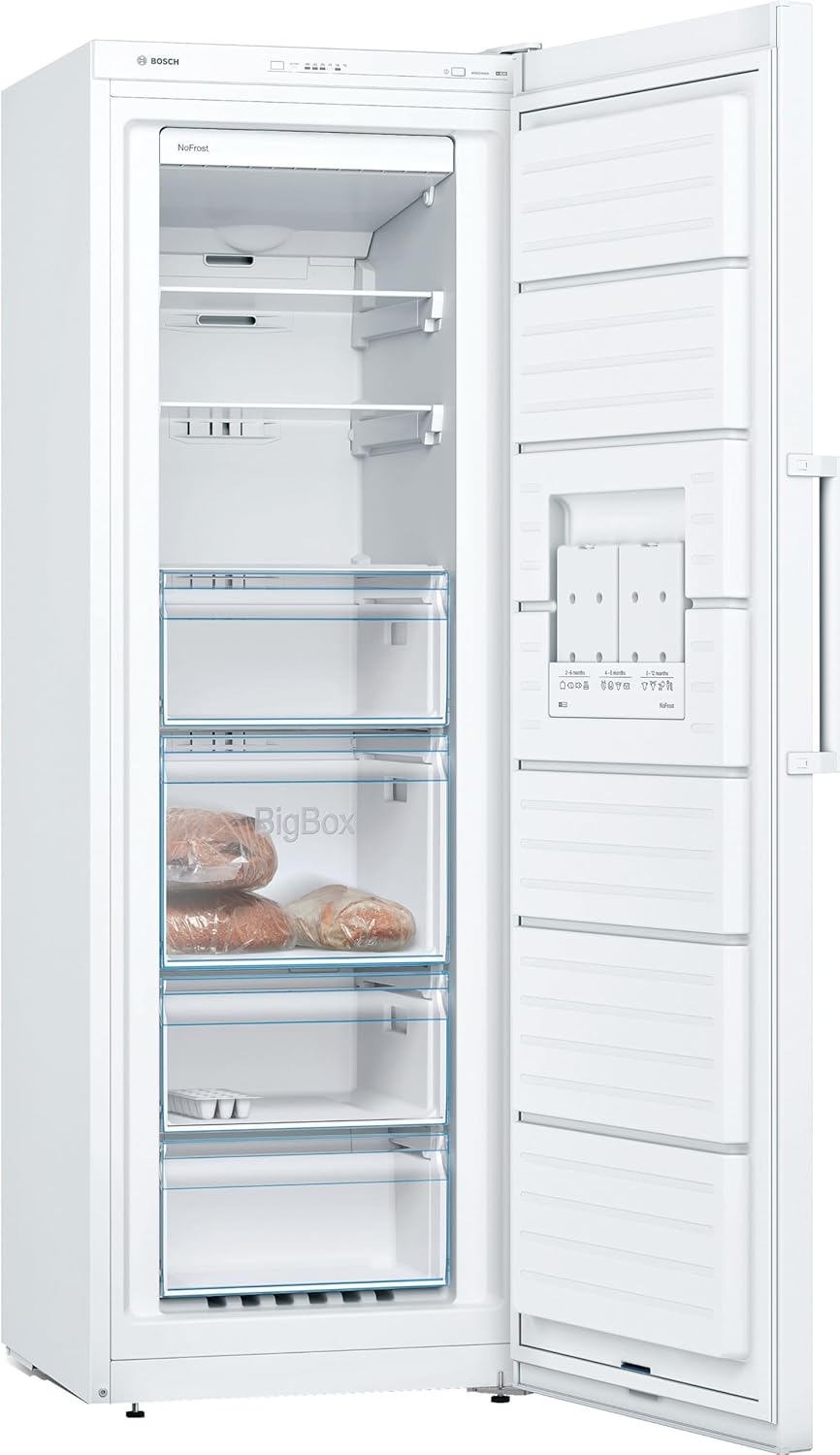 Bosch GSN33VWEP, Serie 4, Freistehender Gefrierschrank, 176 x 60 cm, 225 L Gefrieren, NoFrost, BigBox Schublade für großes Gefriergut, Flexibler Gefrierraum, Multi Airflow - gleichmäßige Kühlung, Weiß