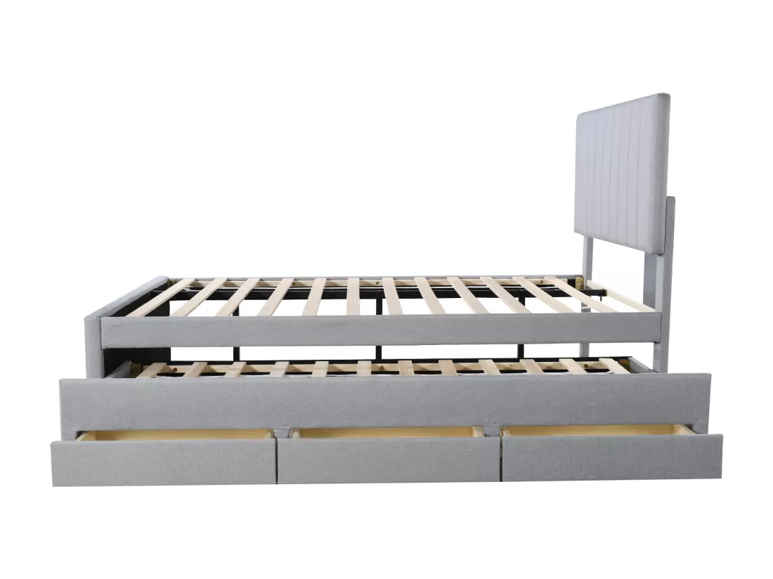 Lit gigogne 90 x 190/200 cm avec 3 tiroirs - tissu lin - sommier à lattes - gris