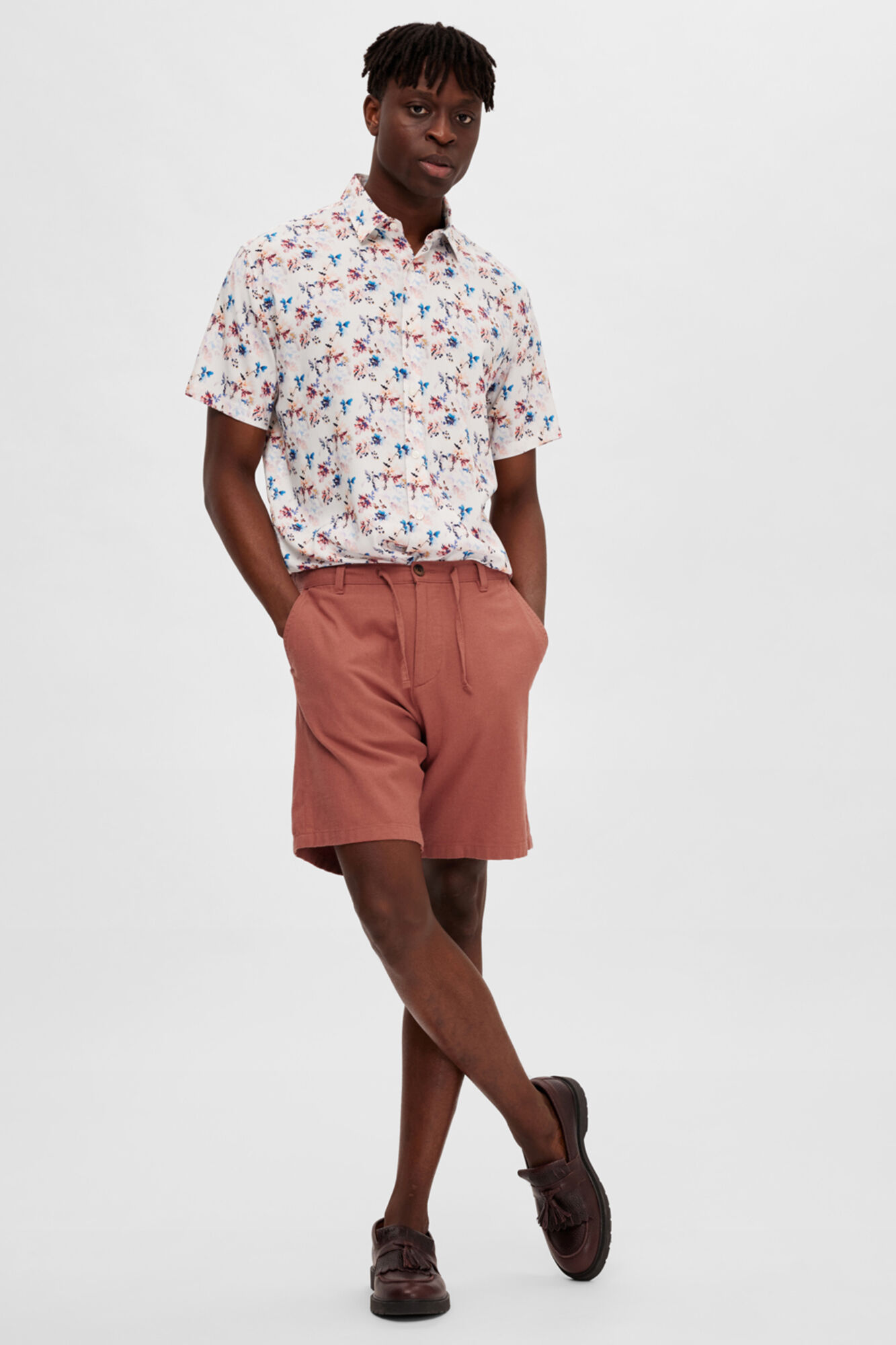 Calções chino em linho orgânico e algodão - Vermelho
