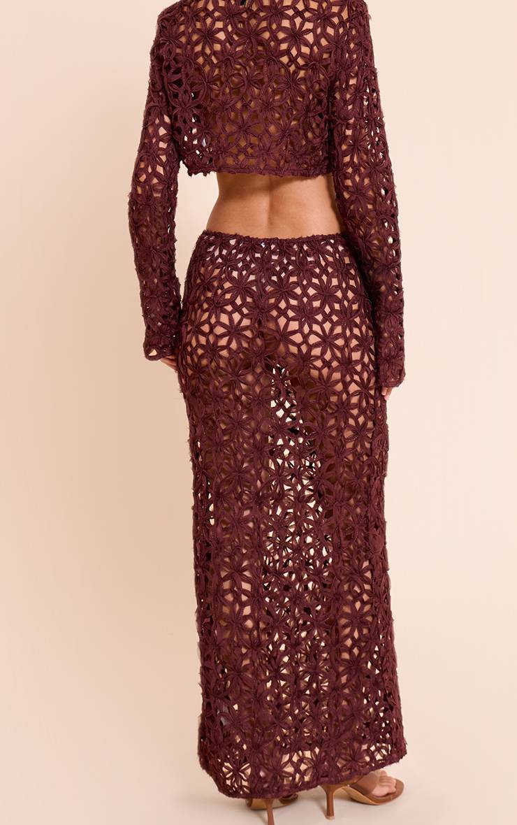 Marron Foncé Jupe Longue À Fleurs Texturée