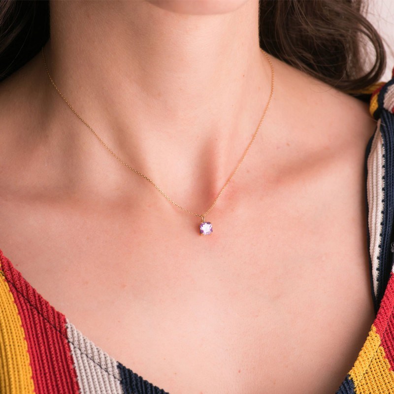 Collier - Pendentif Or Jaune 18 Carats 750/000 - Zirconium Rose - Chaine Dorée