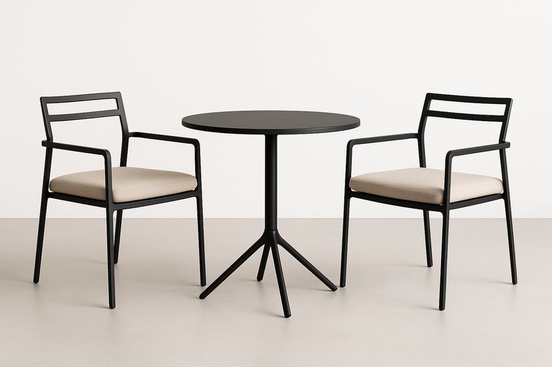 Rundes Metall-Café-Set für den Garten, 2 Stühle mit Aluminiumrahmen und Polyesterkissen, Tisch Ø 80 cm