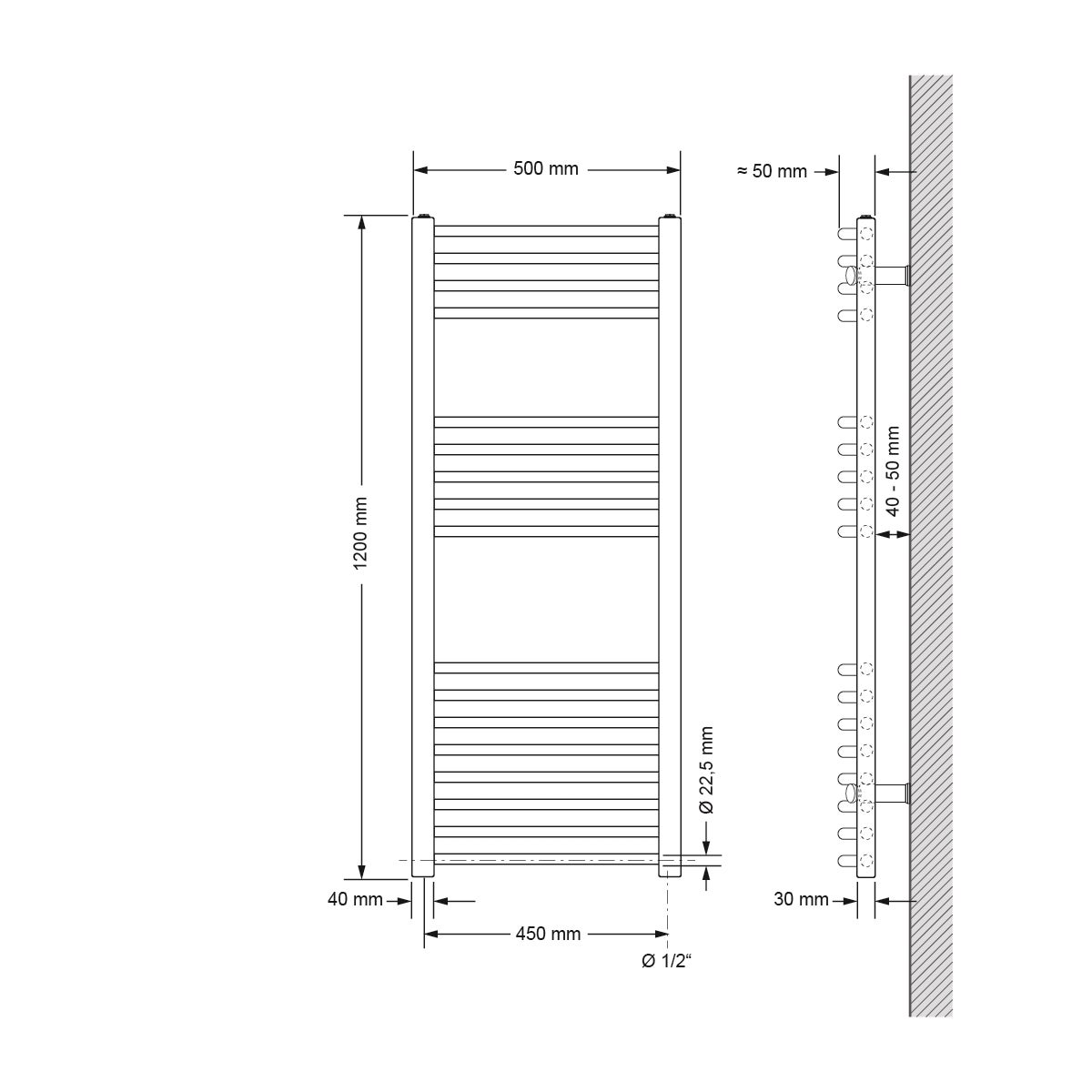 ECD Duitsland Elektrische badkamerradiator met verwarmingselement 1200W hoog vermogen - 500 x 1200 mm - Wit - Gebogen met zijaansluiting - Radiator, handdoekwarmer, handdoekdroger