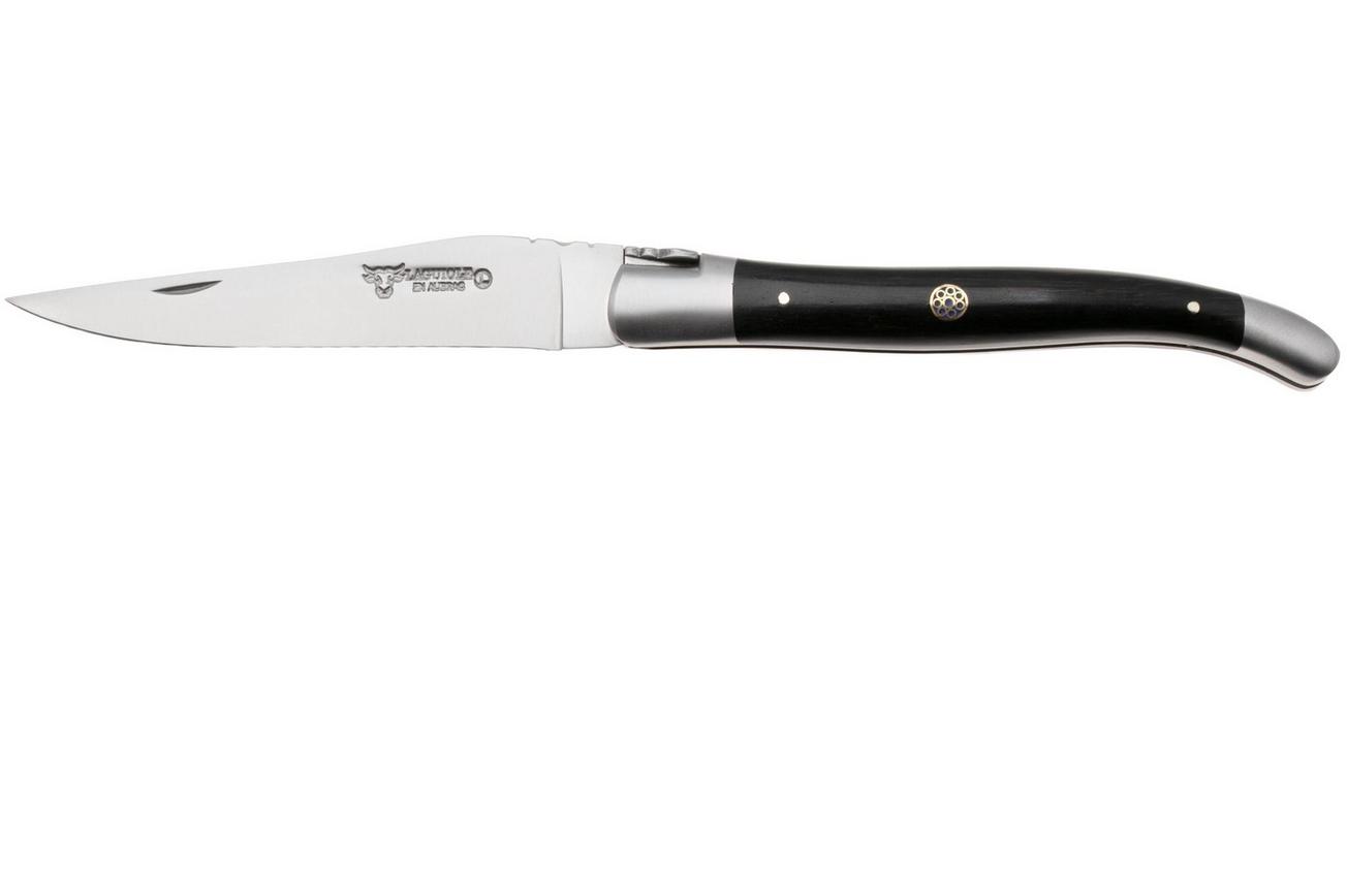 Laguiole en Aubrac Ebony, Blue Mosaic Pin, Blue Inlay, Matt Bolster, zakmes, 12 cm