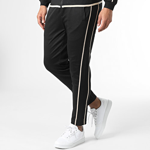 Ensemble Veste Zippée et Pantalon Jogging à Bandes Noir Beige
