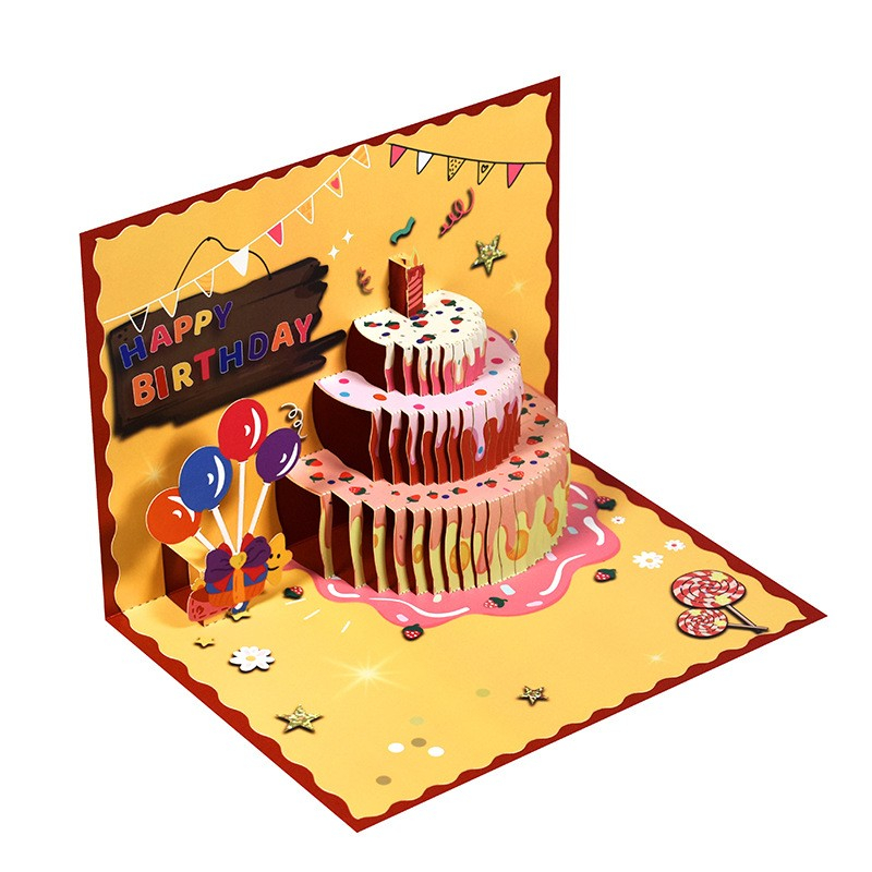 Geburtstags Glückwunschkarte Kuchen Pop-Up Doppelkarte   Umschlag - Rot / Gelb