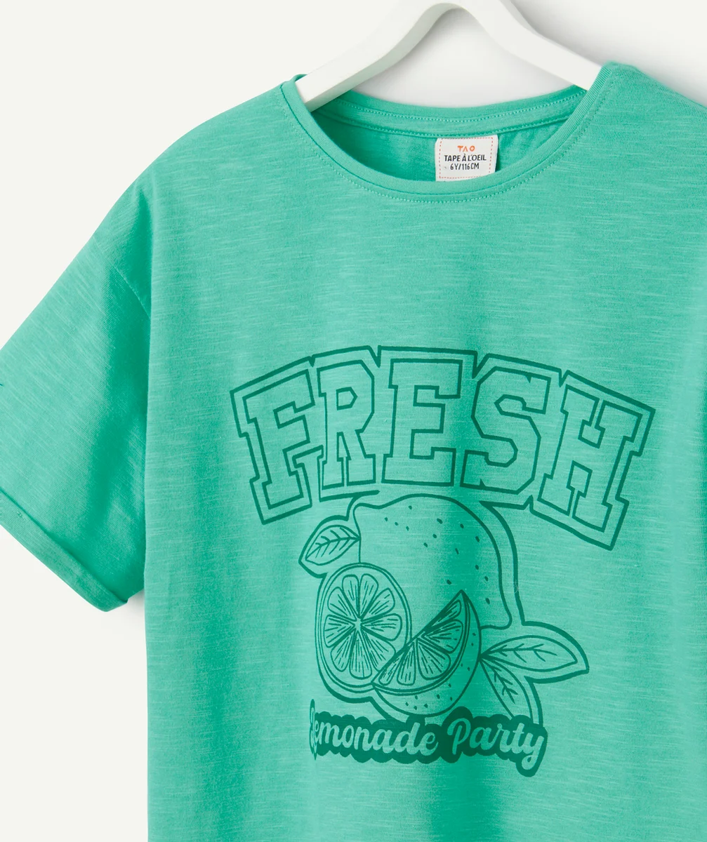 T-SHIRT OVERSIZE FILLE EN COTON BIO VERT AVEC MESSAGE FRESH ET CITRON