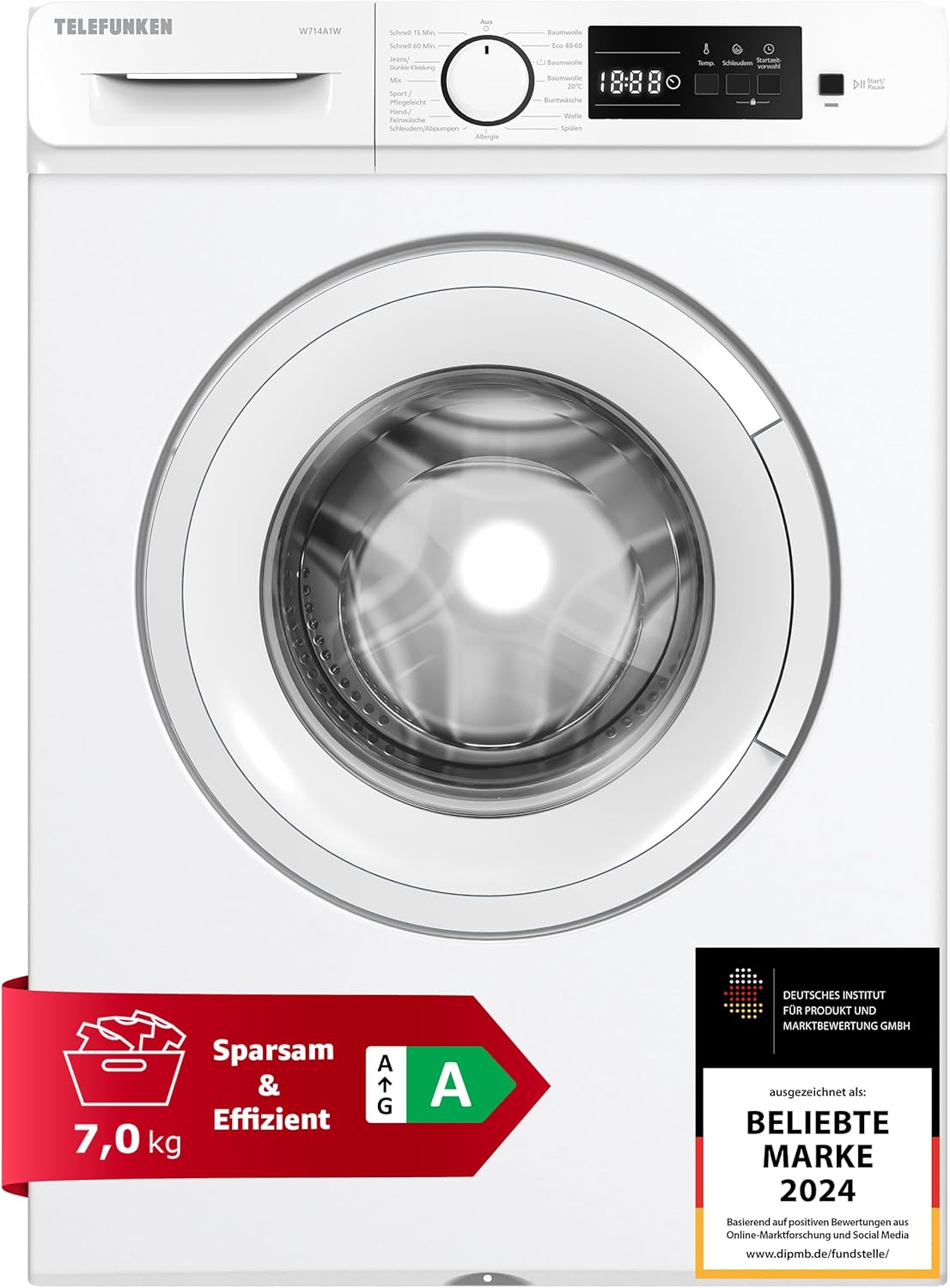 Telefunken Waschmaschine 7kg | Frontlader 1400 U/Min. | Inverter Motor - Leise & Effizient | Schontrommel aus Edelstahl | Startzeitvorwahl | Washing Machine | 15 Programme | EEK A | W714A1W weiß