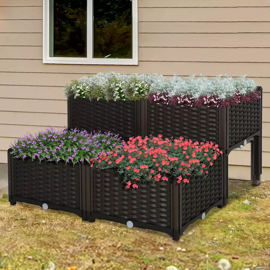 Outsunny 4-teiliges Hochbeet in Rattan-Optik dunkelbraun