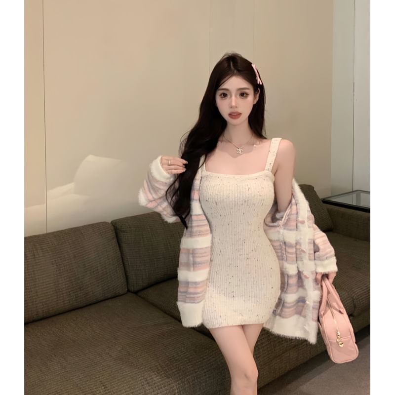 Letme - Gestreept hartknoopcardigan / Spaghettibandjes geribbelde mini-bodycon gebreide jurk