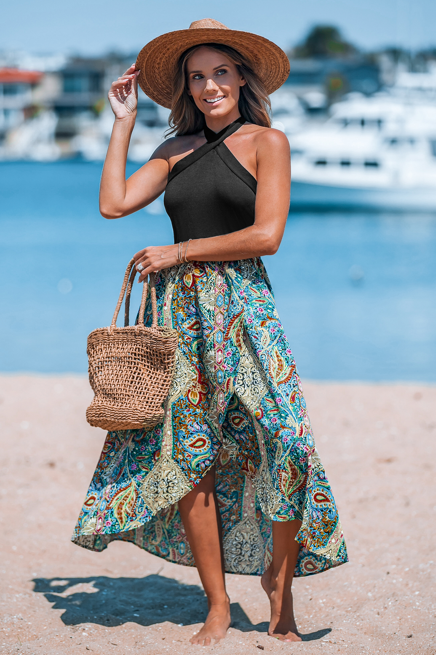 Robe midi avec col licou et jupe surplis paisley