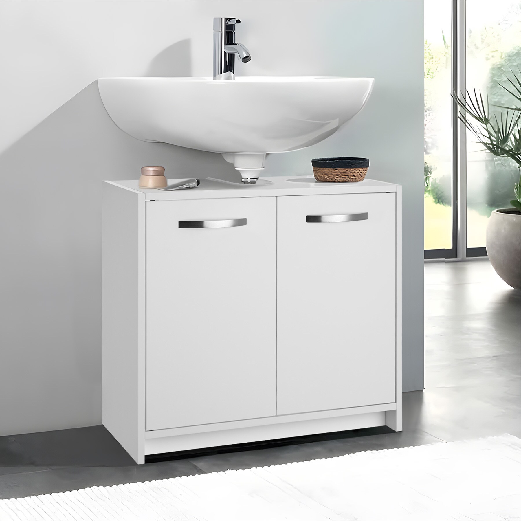 tectake® Waschbeckenunterschrank, großer Stauraum, 2 leichtgängige Flügeltüren, 63 x 31 x 55 cm