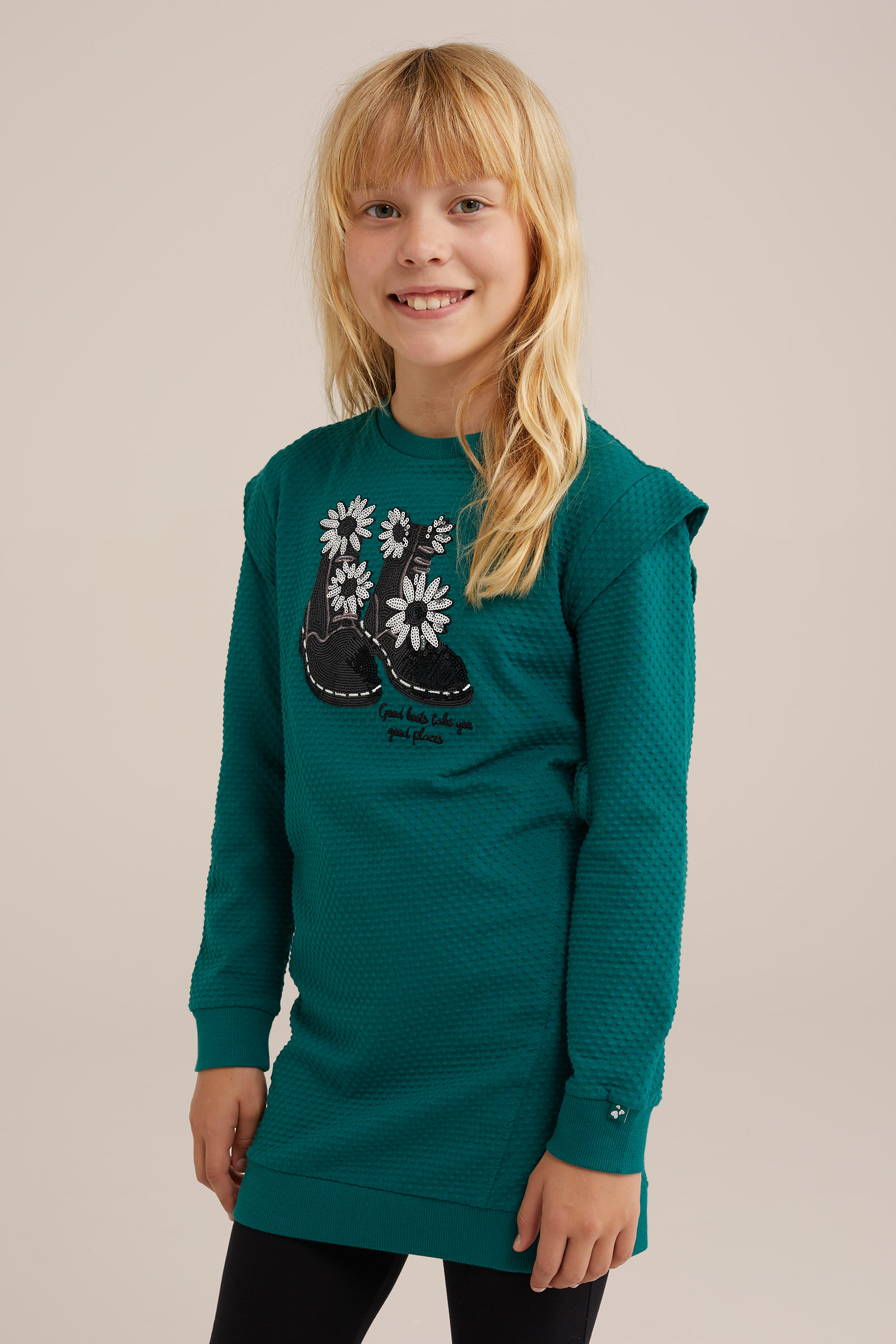 Meisjes jurk met structuur WE Fashion Donkergroen