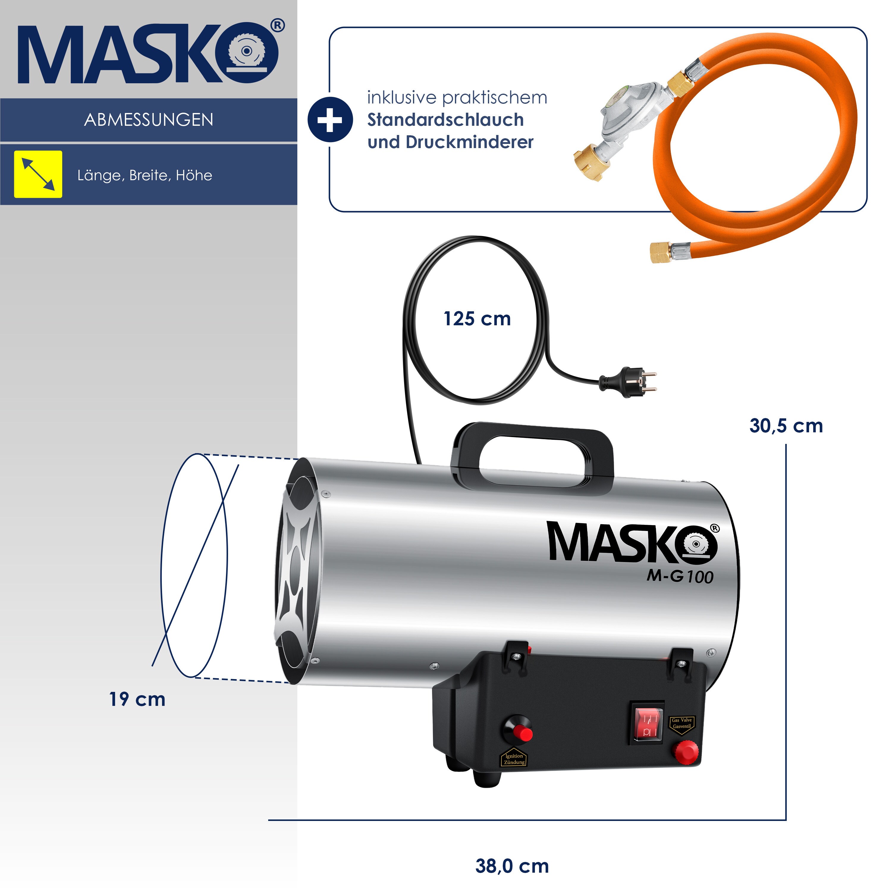 MASKO® Gasheizgebläse Gasheizer Heizkanone Gasheizstrahler Bauheizer Gas Heizgerät heizstrahler Heißluftgenerator inkl. Gasschlauch & Druckminderer Heizgebläse für handelsübliche Gasflaschen