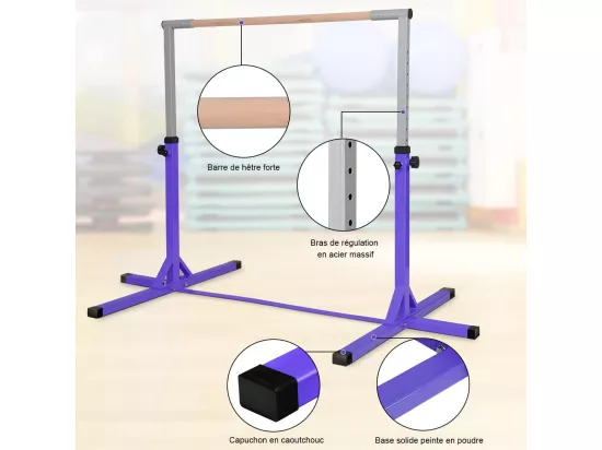 Barre de Gymnastique en Acier Hauteur Réglable de 91 à 150CM Charge 100KG pour Ecole, Maison, Jardin Diamètre 4CM Violet
