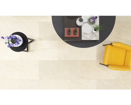 Porseleinen steengoed wand- en vloertegel, travertin beige, glanzend, 60 x 120 x 0,7 cm, gerectificeerd
