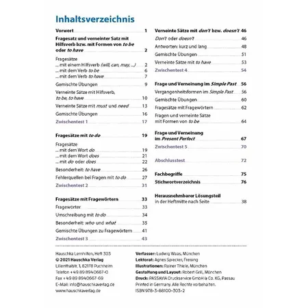Hauschka Verlag Frage und Verneinung. Englisch ab 6. Klasse und für Erwachsene
