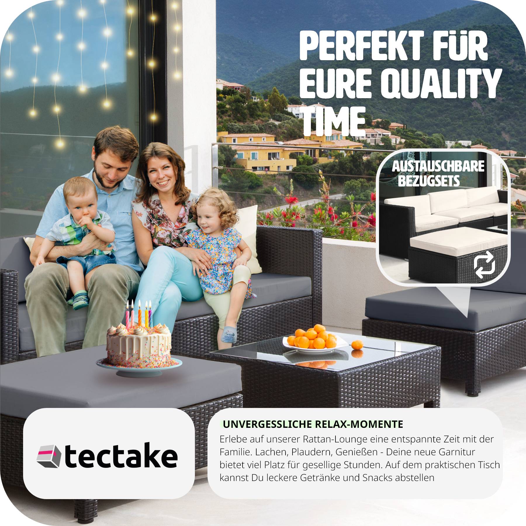 tectake® Rattan Lounge, mit Aluminiumgestell, wetterfest und UV-beständig, mit Sicherheitsglasplatte