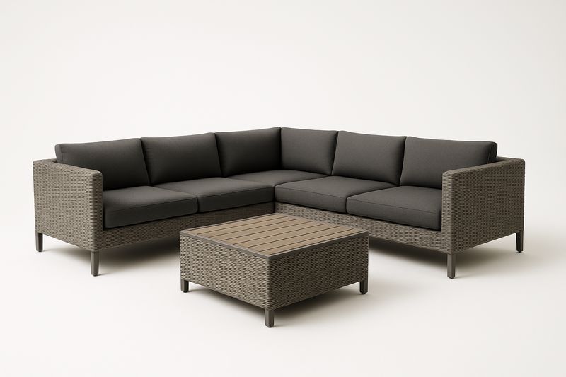 Ecksofa-Set Outdoor Rattan 5-Sitzer Grau mit Couchtisch
