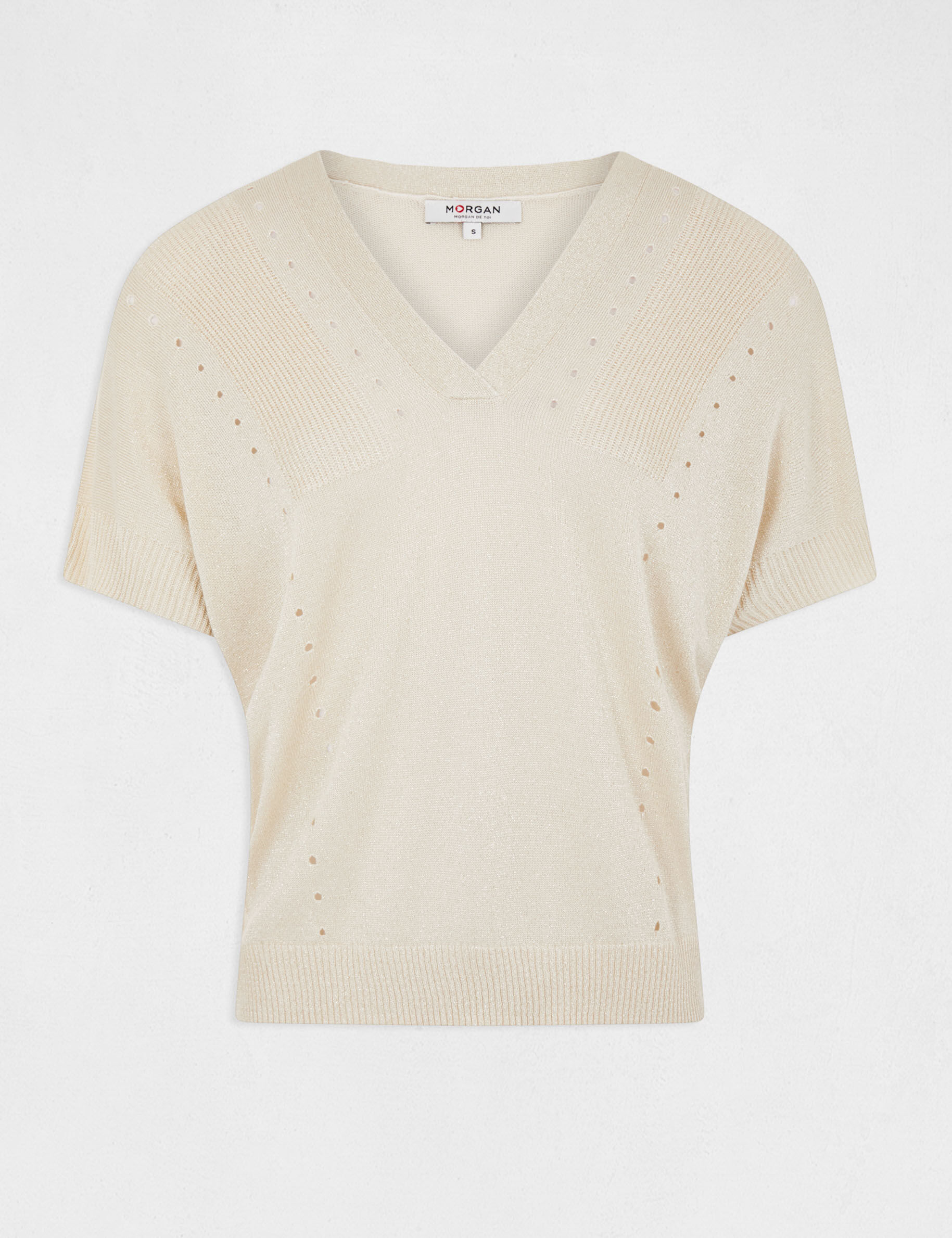 Pull manches courtes à col en V beige femme - beige