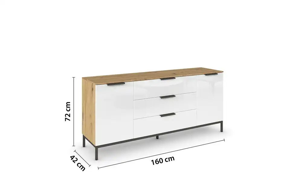 Sideboard Weiß, Eiche Artisan (Nachbildung) Front: Glas, Oberboden: Dekor Graphit