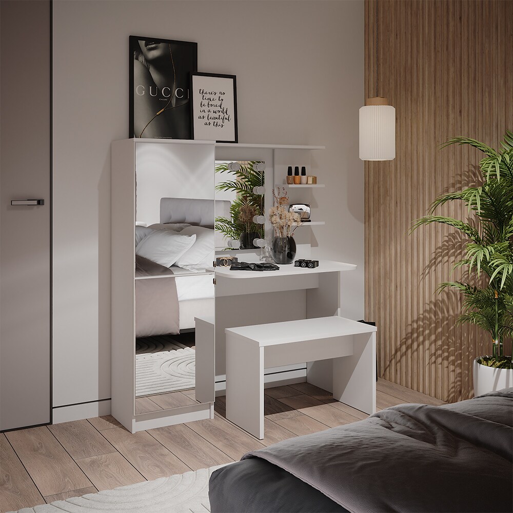 Vicco Schminktisch Jasmin Weiß 123 cm mit LED-Beleuchtung und Bank