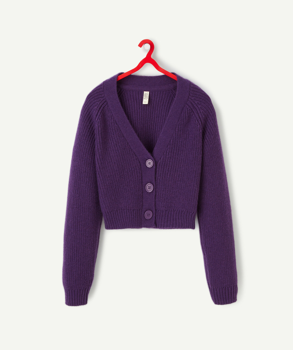 CARDIGAN TRICOT FILLE EN FIBRES RECYCLÉES VIOLET AVEC BOUTONS