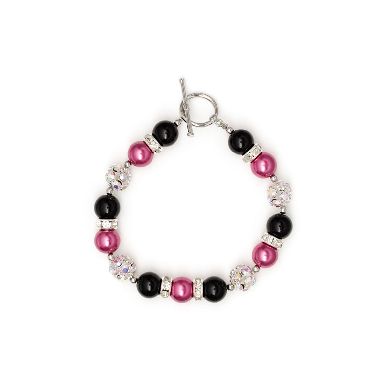 Bracelet 1 Rang en Perles Rose et Noir, Cristal et Plaqué Rhodium