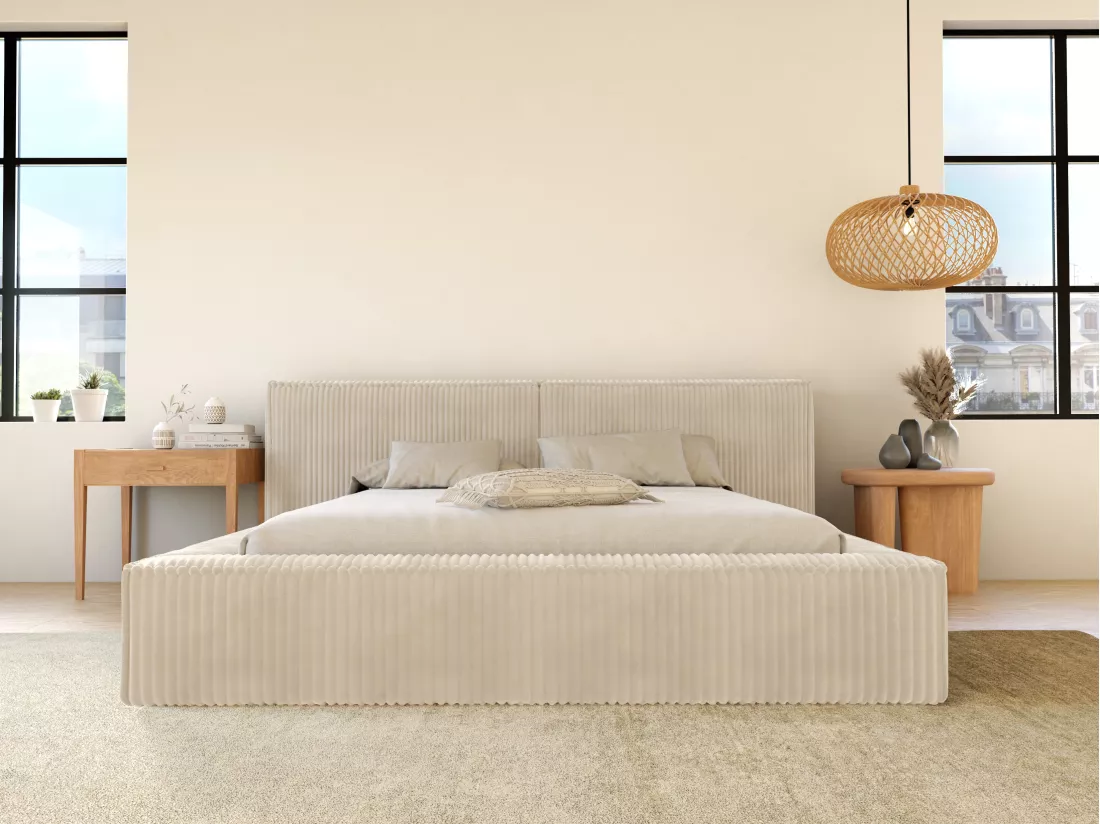 Lit coffre 140 x 190 cm - Velours côtelé grosses côtes - Beige + Matelas - TIMANO de Pascal Morabito