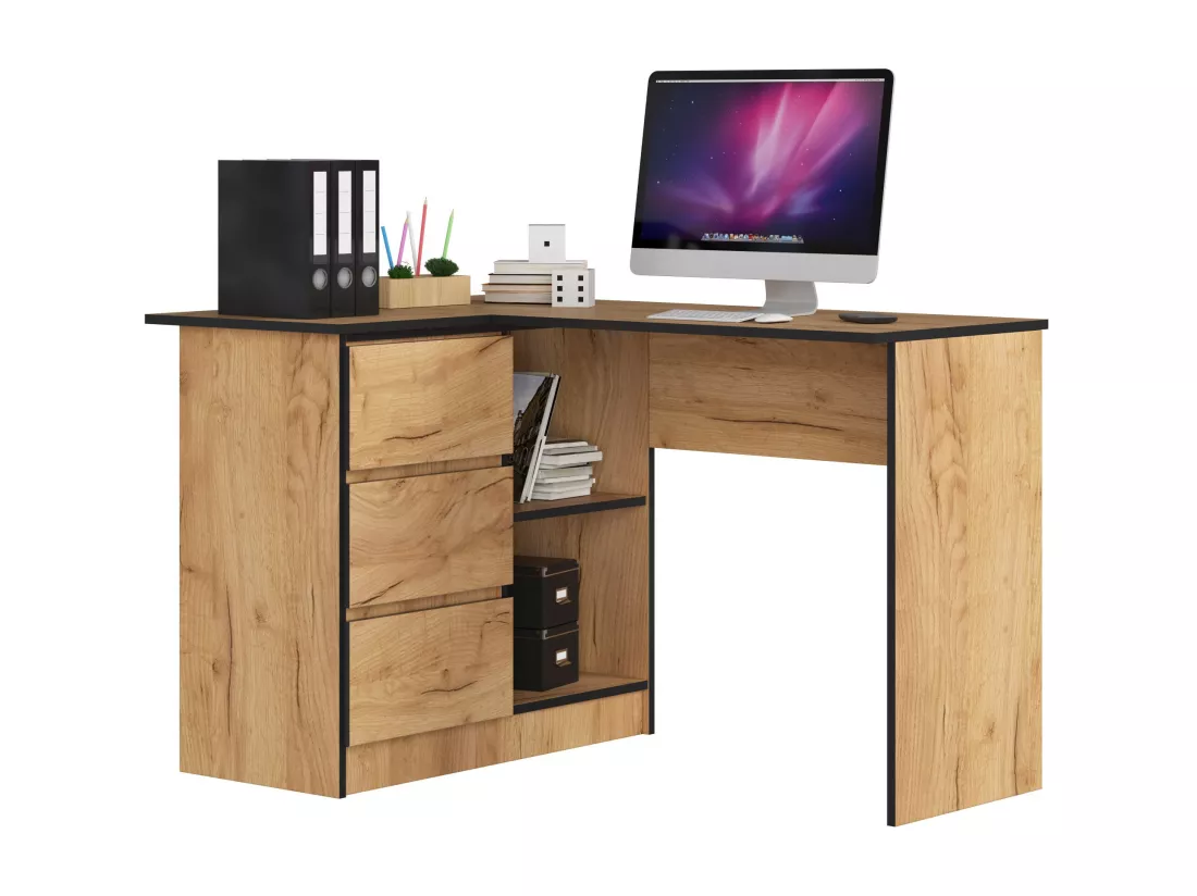 Bureau AKORD d'angle gauche B16 Chêne Craft 124 cm 3 tiroirs façade Chêne Craft 2 étagères 124x85x77 cm