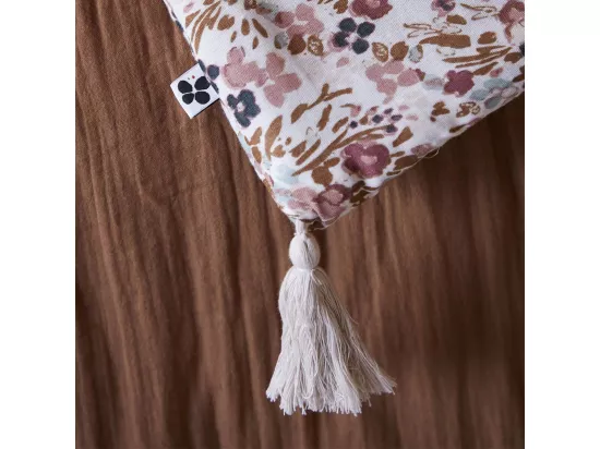 ADONIS - Chemin de Lit 90x200cm Gaze de Coton Blanc Imprimé Fleur Détail 4 Pompons
