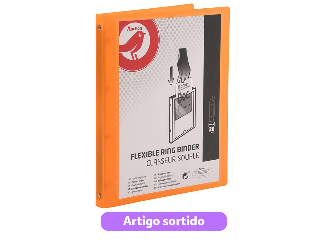 DOSSIER COMERCIAL A4 AUCHAN 4 ARGOLAS LOMBADA 20MM POLIPROPILENO CORES SORTIDAS