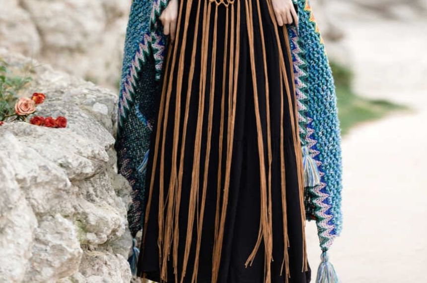 Nebbia - Spaghettibandjes Effen Maxi A-lijn Jurk / Effen Gebreide Lange Cami Top met Franjes / Sjaal met Patroon / Set
