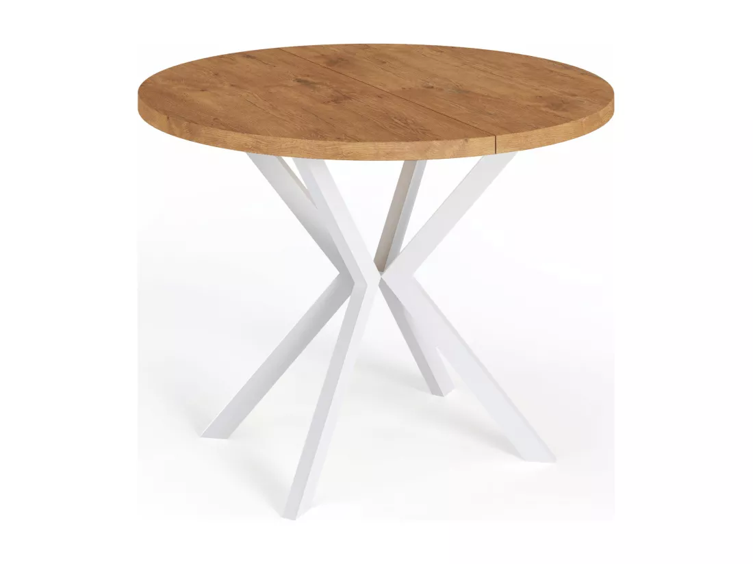 Table à Manger Extensible Ronde - Table Style Loft Avec Blanc Pieds En Métal - 100 à 180 Cm - Table Ronde Style Industriel Pour Le Salon - Compacte - Chêne Lancelot