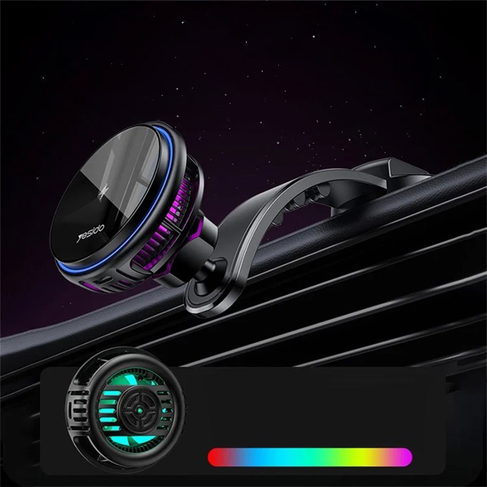 (15W) Dashboard MagSafe Auto KFZ Ladegerät Saugnapf Halterung mit Kühlsystem und LED Beleuchtung - Schwarz